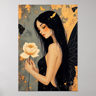 Gothic-Feenkönigin mit weißen Flügeln und Rose Poster