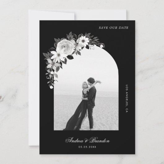 Gothic Floral & Arch Foto Black Halloween Hochzeit Save The Date (Vorderseite)