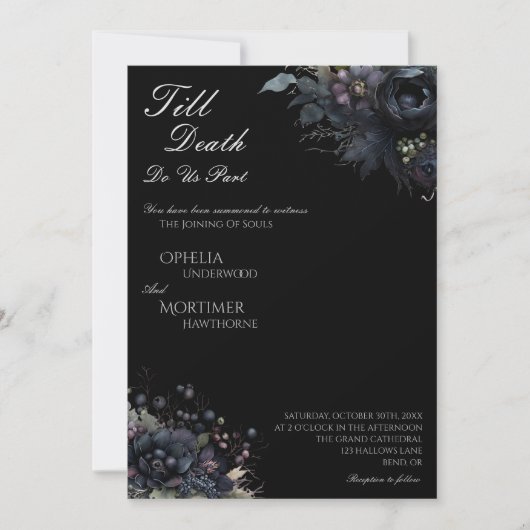 Gothic floral Black bis zum Tod Hochzeitsdetails u Einladung (Vorderseite)