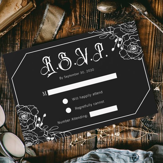 Gothic Floral Black Wedding RSVP Enclosure Card Karte