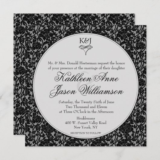 Gothic Floral Damask Monogram Wedding Einladung (Vorne/Hinten)