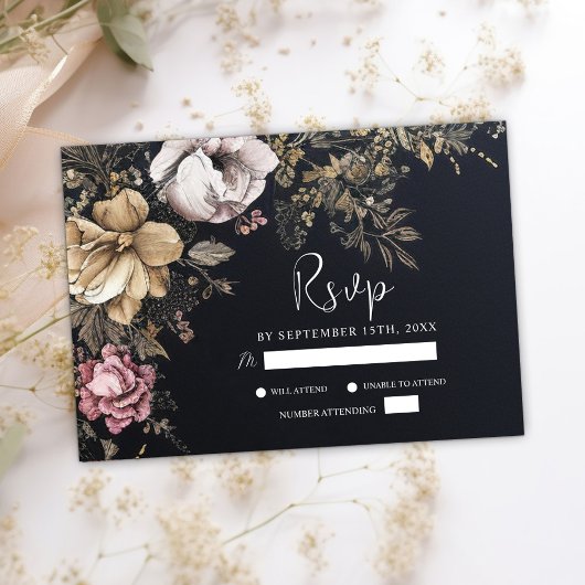 Gothic Floral Dark Unique Black Wedding RSVP Karte