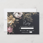 Gothic Floral Dark Unique Black Wedding RSVP Karte (Vorderseite)