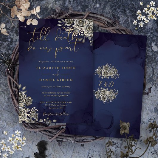 Gothic Floral Gold und Midnight Blue Wedding Einladung