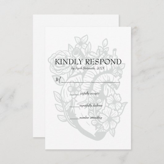 Gothic Floral Heart Spooky White Wedding RSVP Card (Vorne/Hinten)