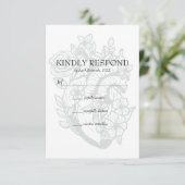 Gothic Floral Heart Spooky White Wedding RSVP Card Karte (Stehend Vorderseite)