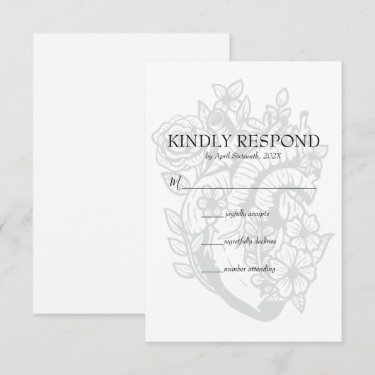 Gothic Floral Heart Spooky White Wedding RSVP Card Karte (Vorne/Hinten)
