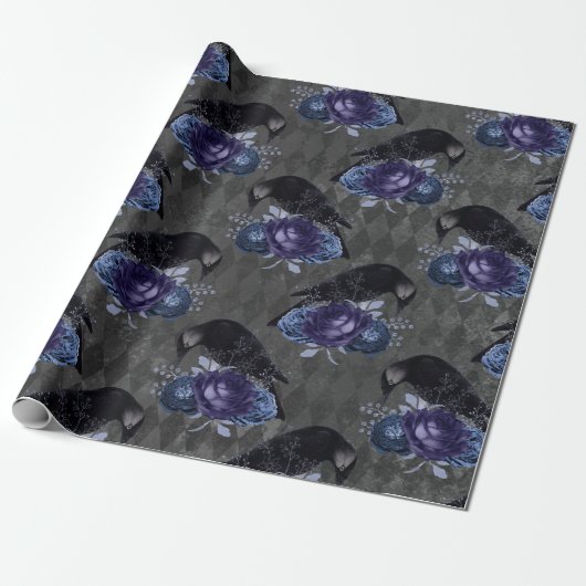 Gothic Floral Raven Halloween Muster Geschenkpapier (Ungerollt)