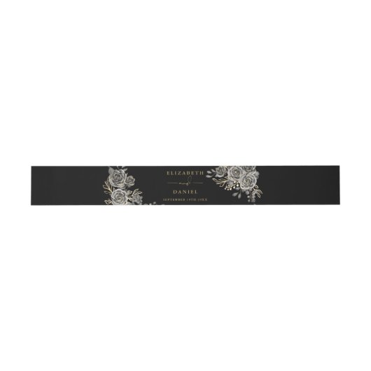 Gothic Floral Rose Black and Gold Hochzeit Einladungsbanderole (Flach)
