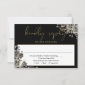 Gothic Floral Rose Black and Gold Hochzeit RSVP Karte (Vorderseite)