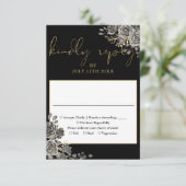 Gothic Floral Rose Black and Gold Hochzeit RSVP Karte (Stehend Vorderseite)