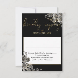 Gothic Floral Rose Black and Gold Hochzeit RSVP Karte