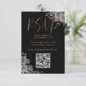 Gothic Floral Rose Black and Gold Wedding QR Code RSVP Karte (Stehend Vorderseite)