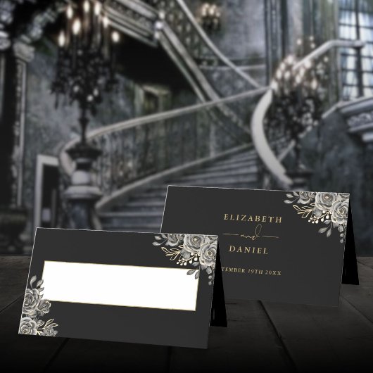 Gothic Floral Rose Schwarz und Gold Hochzeit gekla Platzkarte