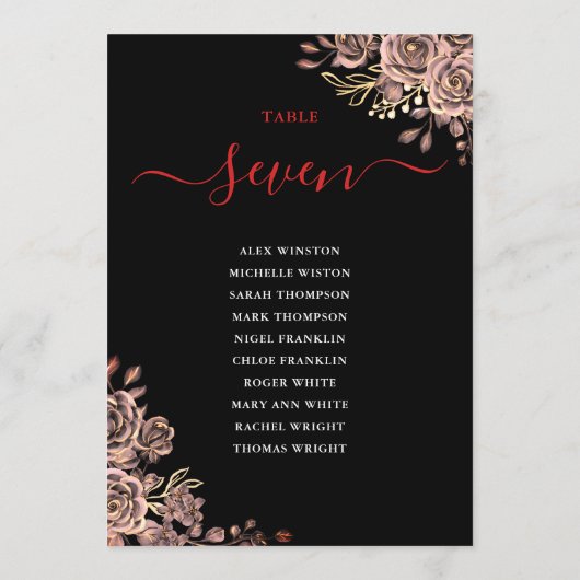 Gothic Floral Rose Sitzplan Tischnummer (Rückseite)