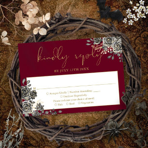 Gothic Floral Rosen Burgund und Gold Hochzeit RSVP Karte