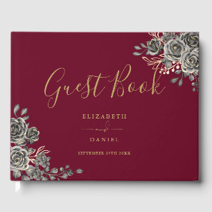 Gothic Floral Rosen Burgundrot und Gold Hochzeit Gästebuch