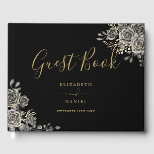 Gothic Floral Rosen Schwarz und Gold Foto Hochzeit Gästebuch