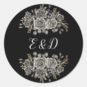 Gothic Floral Rosen Schwarz und Weiß Monogramm Runder Aufkleber