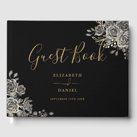 Gothic Floral Roses Black And Gold Photo Wedding Gästebuch (Vorderseite)