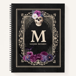 Gothic Floral-Schädel Custom Monogramm & Namensski Notizblock