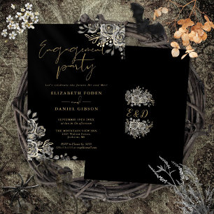 Gothic Floral Schwarz-Gold Verlobungsfeier Einladung