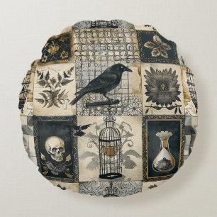 Gothic Floral Skull and Raven Pattern Rundes Kissen