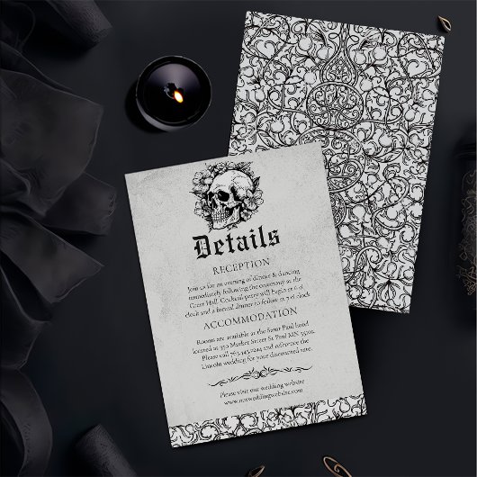Gothic Floral Skull Black Wedding Details Begleitkarte