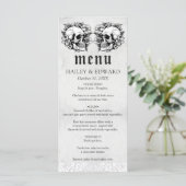 Gothic Floral Skull Black & White Wedding Menükarte (Stehend Vorderseite)