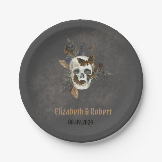 Gothic Floral Skull Butterflies Hochzeit Pappteller (Vorderseite)
