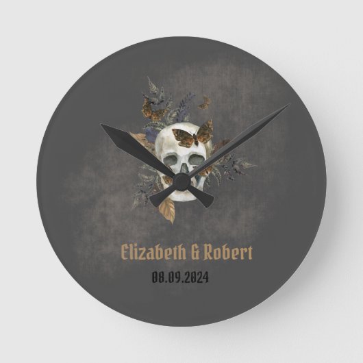 Gothic Floral Skull Butterflies Hochzeit Runde Wanduhr (Vorderseite)