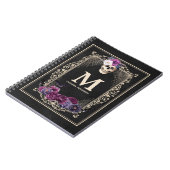 Gothic Floral Skull Custom Monogram & Name Black Notizblock (Linke Seite)