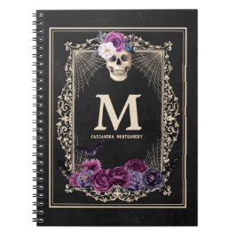 Gothic Floral Skull Custom Monogram & Name Black Notizblock