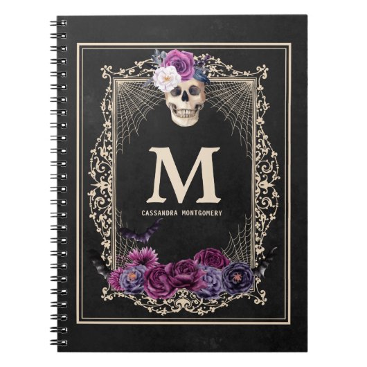 Gothic Floral Skull Custom Monogram & Name Black Notizblock (Vorderseite)