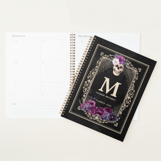 Gothic Floral Skull Custom Monogram & Name Black Planer (Anzeige)