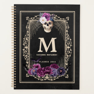 Gothic Floral Skull Custom Monogram & Name Black Planer
