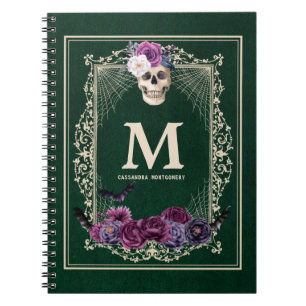 Gothic Floral Skull Custom Monogram & Name Green Notizblock