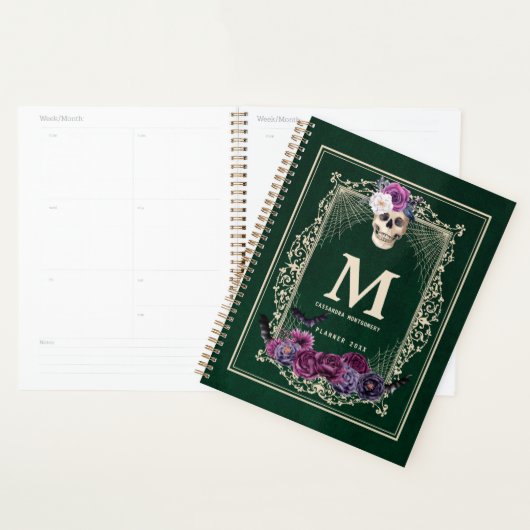 Gothic Floral Skull Custom Monogram & Name Green Planer (Anzeige)