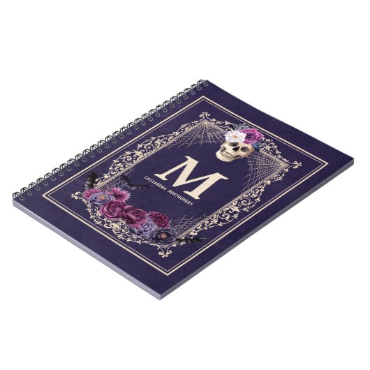 Gothic Floral Skull Custom Monogram & Name Navy Notizblock (Linke Seite)