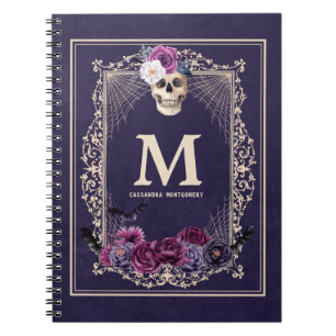 Gothic Floral Skull Custom Monogram & Name Navy Notizblock