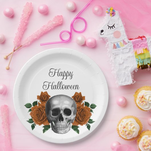 Gothic Floral Skull Happy Halloween Pappteller (Party)