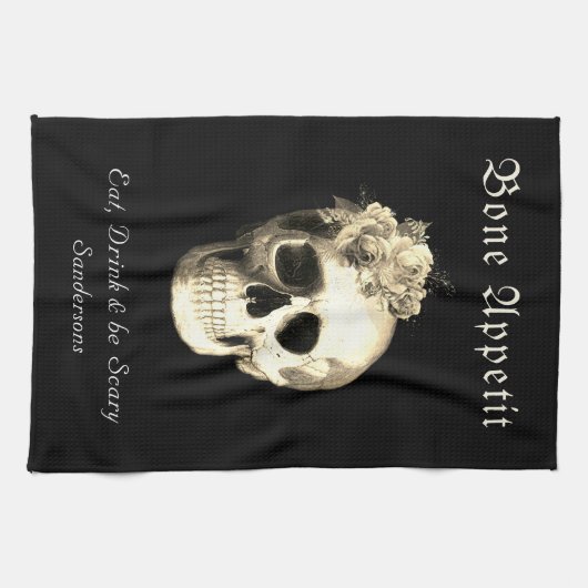 Gothic Floral Skull Rose Halloween Personalisiert Geschirrtuch (Horizontal)