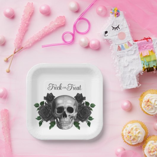 Gothic Floral Skull Trick Or Treat Halloween Pappteller (Party)