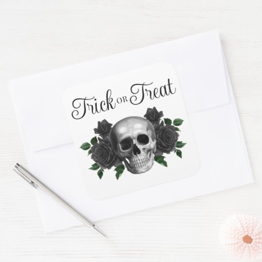 Gothic Floral Skull Trick Or Treat Halloween Quadratischer Aufkleber (Umschlag)