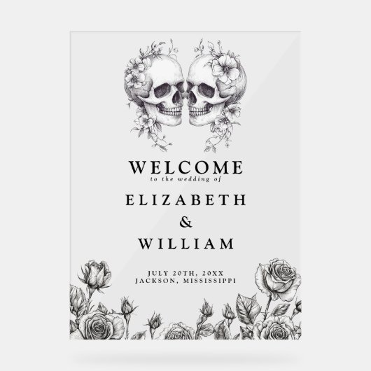 Gothic Floral Skulls Wedding Welcome Acrylschild (Vorderseite)