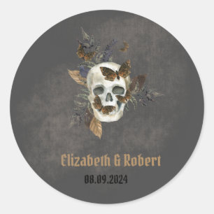 Gothic Floral Totenkopf Schmetterlinge Hochzeit Runder Aufkleber