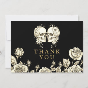 Gothic Floral Totenköpfe Hochzeit Schwarz und Gold Dankeskarte