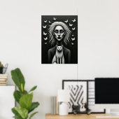 Gothic-Frau Schmetterlinge und Katze Dunkle Surrea Poster (Heimbüro)