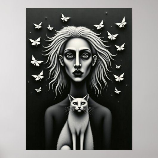 Gothic-Frau Schmetterlinge und Katze Dunkle Surrea Poster (Vorne)