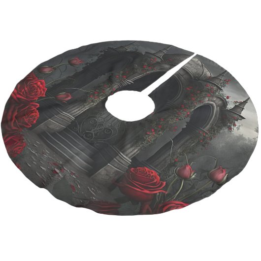 Gothic Friedhof Gazebo mit Rote Rosen bei Nacht Polyester Weihnachtsbaumdecke (Schrägansicht)